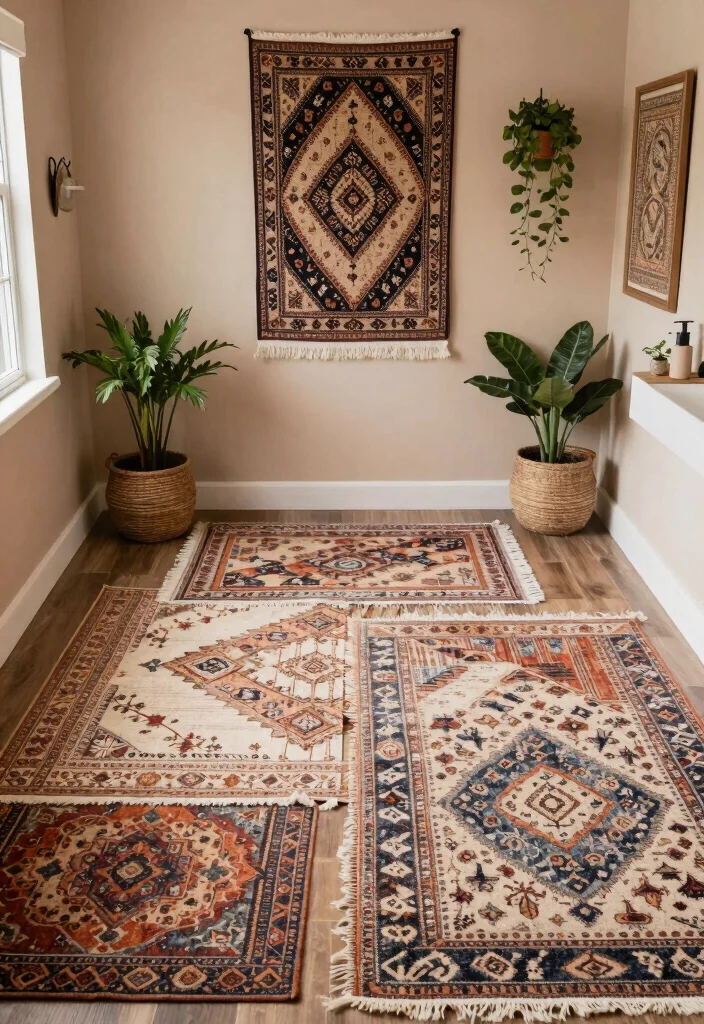 14 Bathroom Rug Placement Ideas That Actually Work 25 14 Bathroom Rug Placement Ideas That Actually Work - 5. Overlapping Rugs for a Bohemian Touch 1