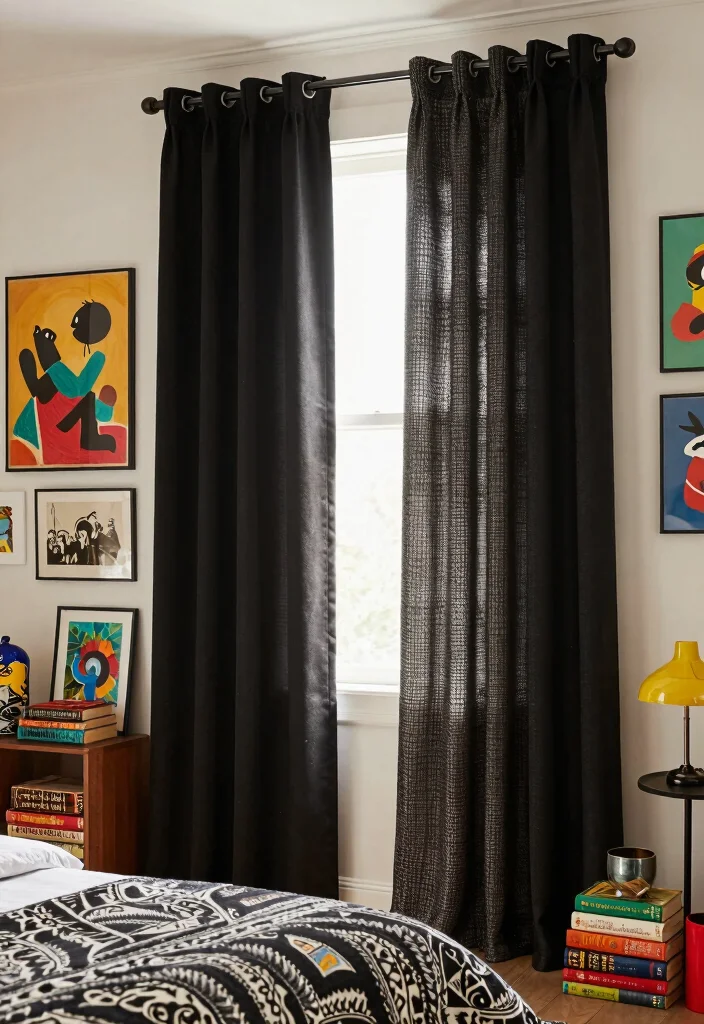 14 Black Curtains Bedroom Ideas That Feel Dramatic & Chic - 10. Eclectic Mix and Match 1