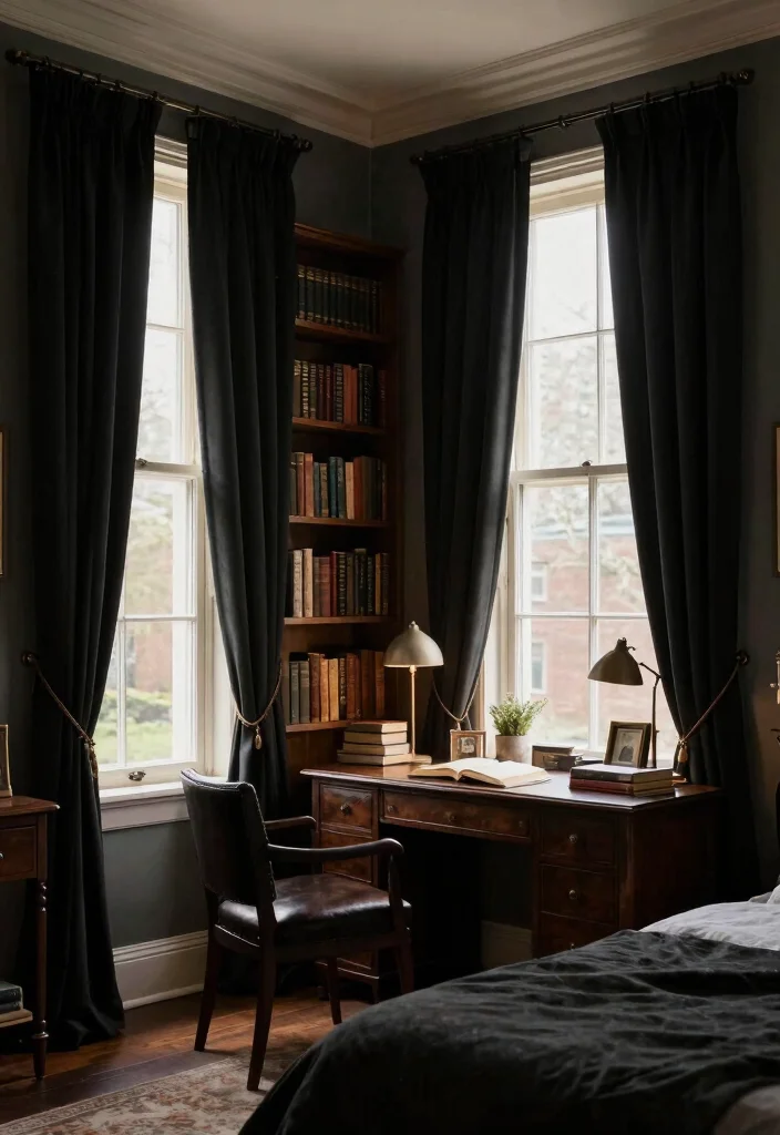 14 Black Curtains Bedroom Ideas That Feel Dramatic & Chic - 11. Dark Academia Inspiration 1