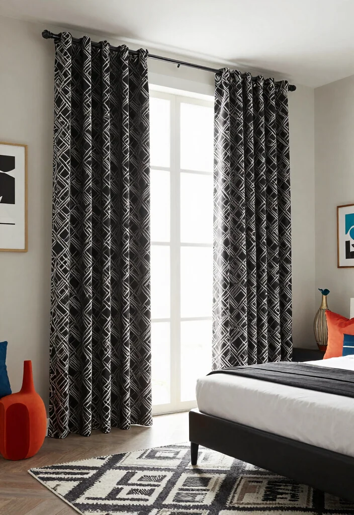 14 Black Curtains Bedroom Ideas That Feel Dramatic & Chic - 3. Bold Geometric Patterns 1