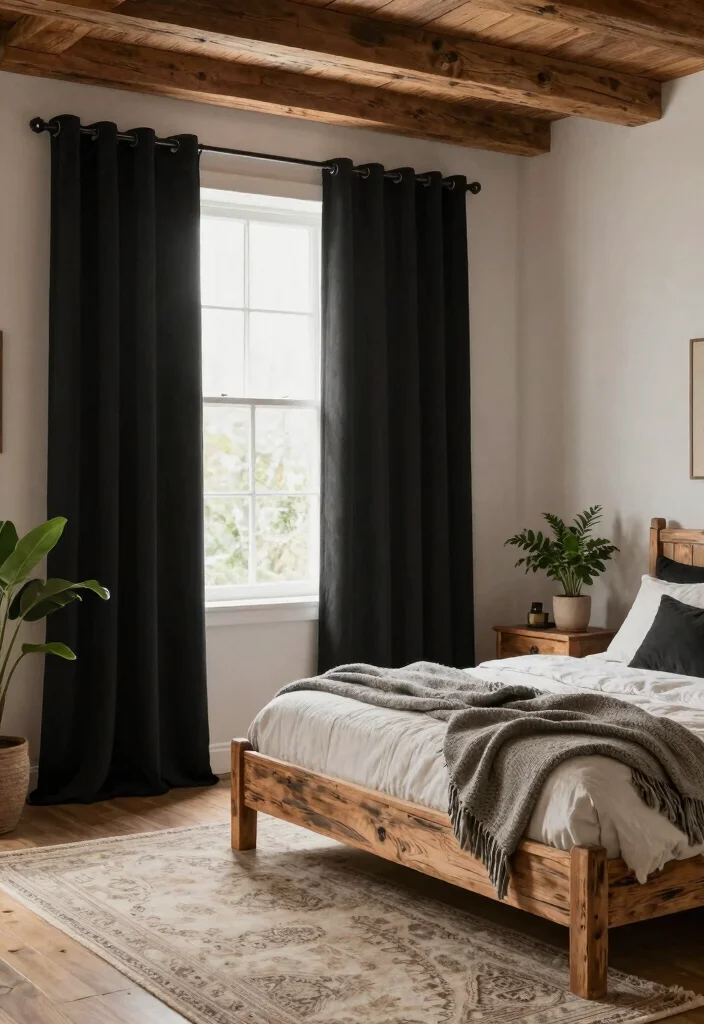 14 Black Curtains Bedroom Ideas That Feel Dramatic & Chic - 5. Rustic Charm 1