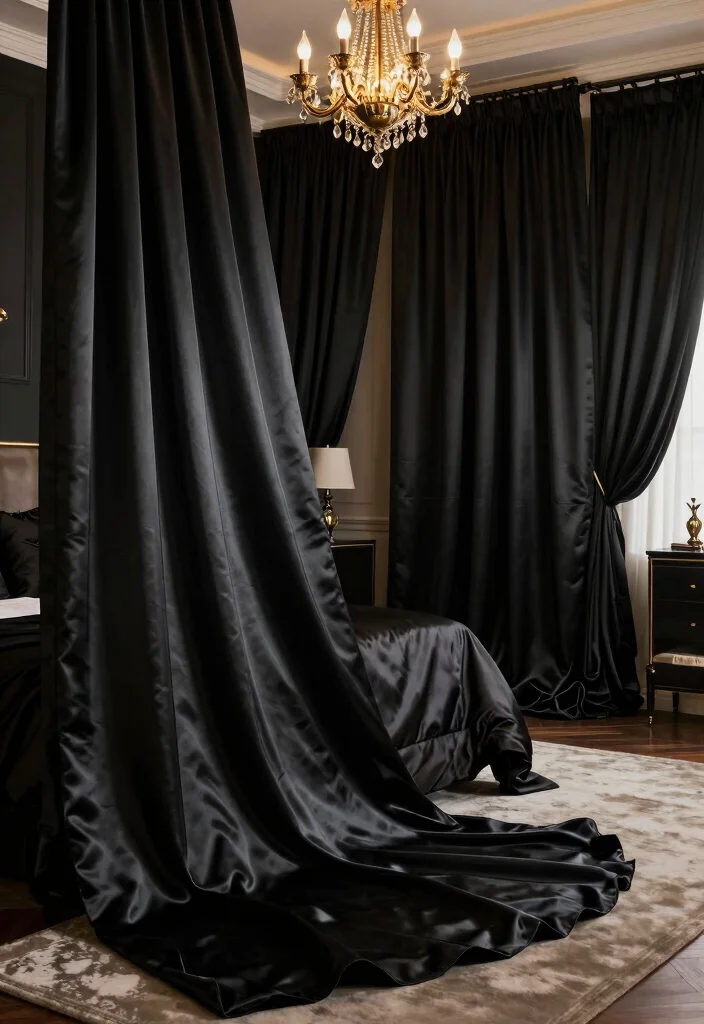 14 Black Curtains Bedroom Ideas That Feel Dramatic & Chic - 6. Luxe Silk Drapes 1