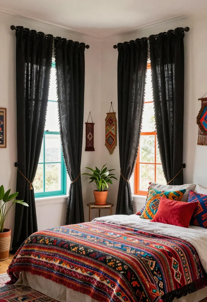 14 Black Curtains Bedroom Ideas That Feel Dramatic & Chic - 8. Bohemian Vibes 1