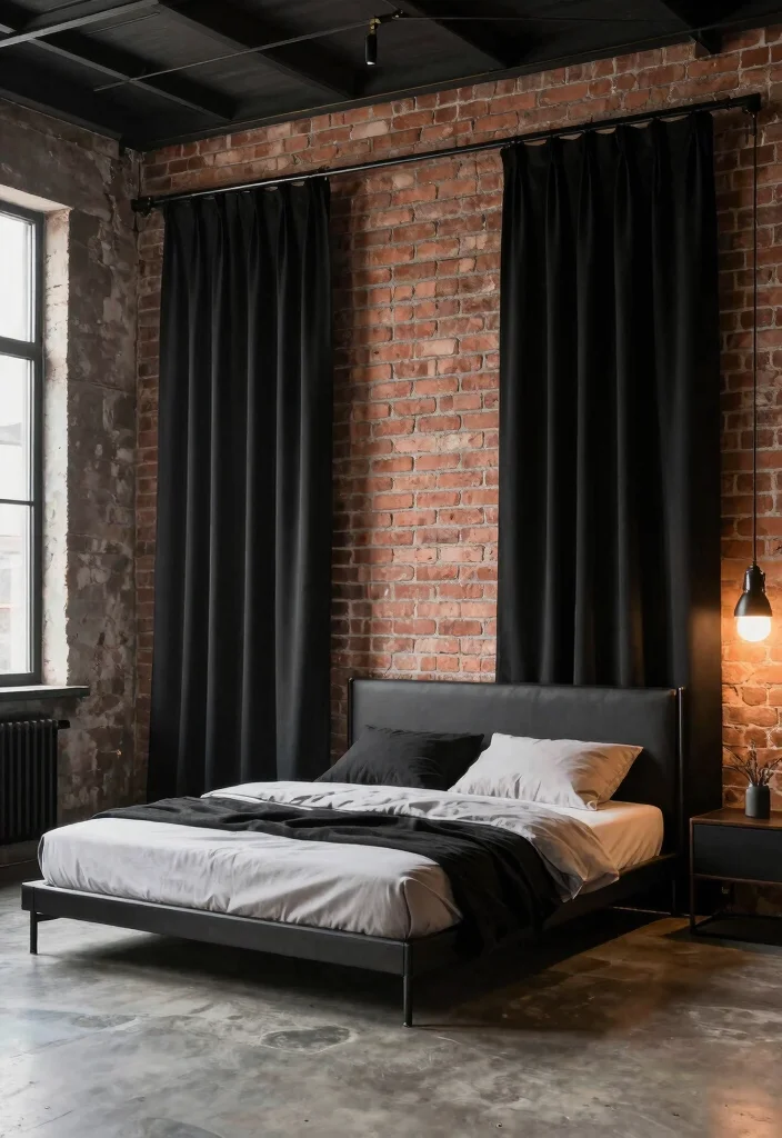14 Black Curtains Bedroom Ideas That Feel Dramatic & Chic - 9. Modern Industrial Flair 1