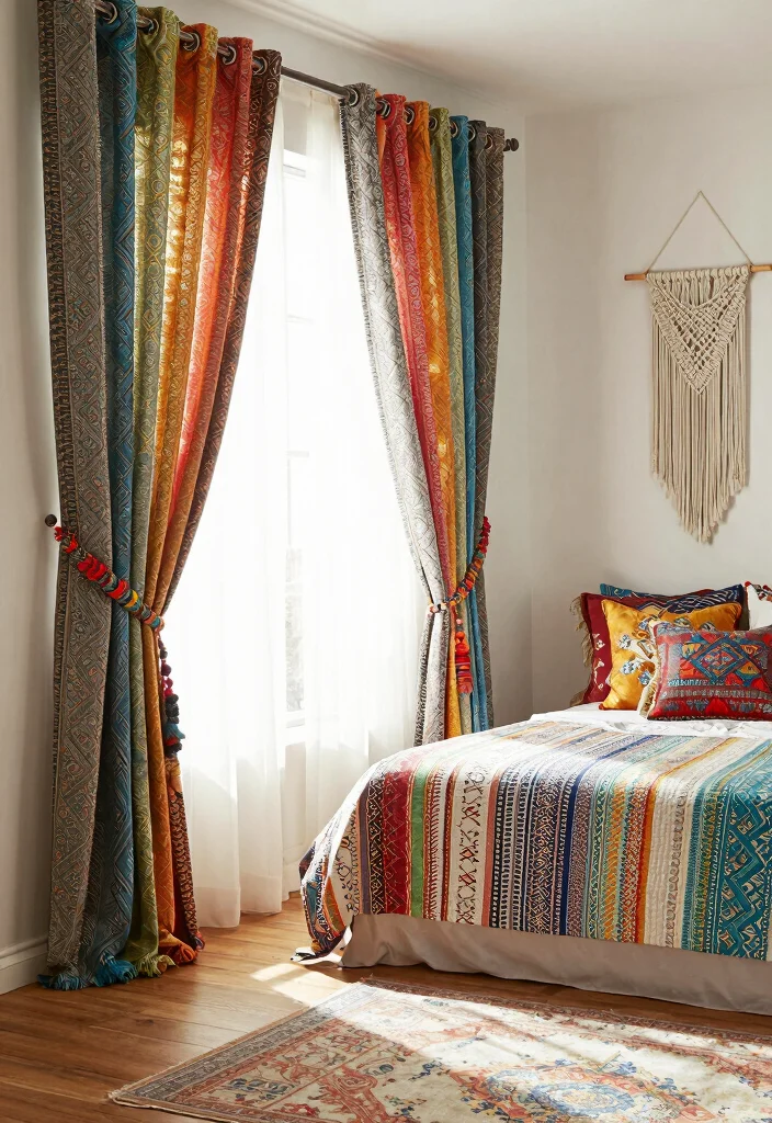 14 Cute Curtains Bedroom Ideas That Feel Dreamy - 2. Bohemian Print Patterns 1