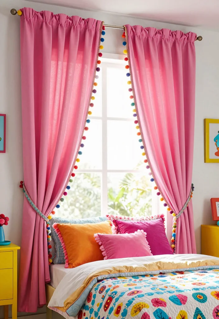 14 Cute Curtains Bedroom Ideas That Feel Dreamy - 6. Colorful Pom-Pom Trims 1