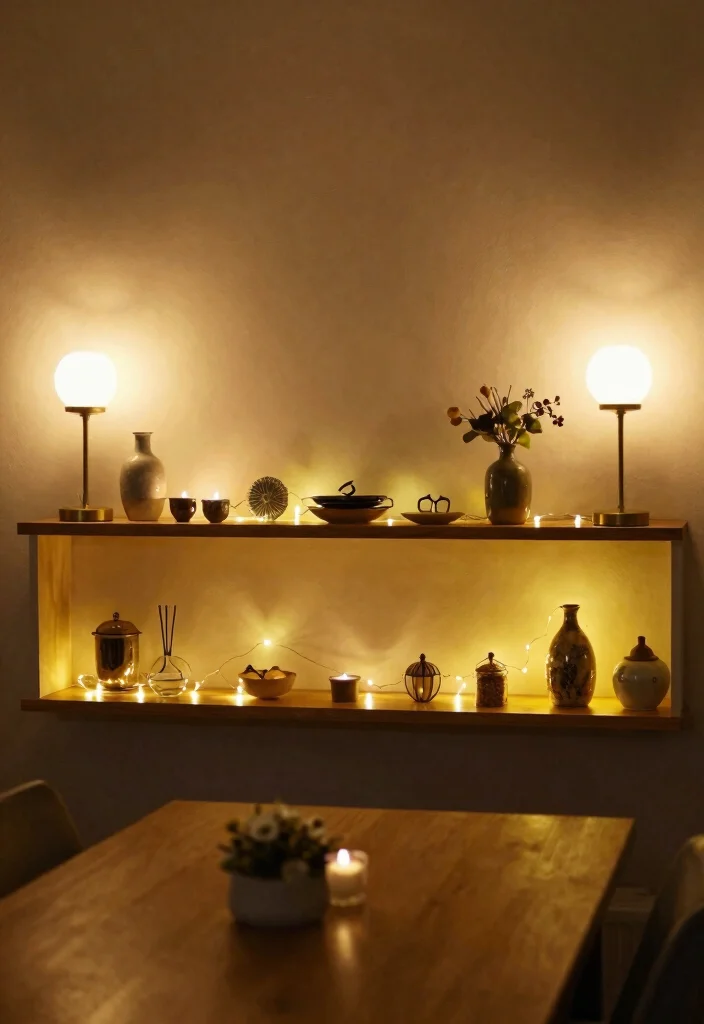 14 Dining Room Shelf Decor Ideas That Impress Guests 27 14 Dining Room Shelf Decor Ideas That Impress Guests - 7. Incorporate Lighting 1