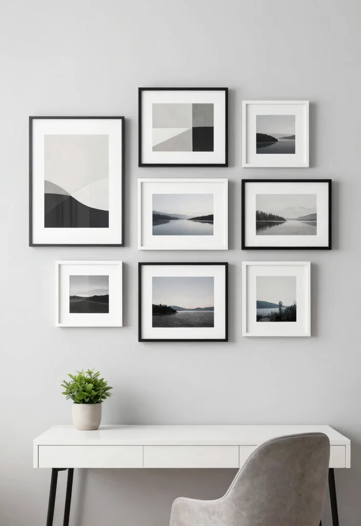 14 Home Office Wall Decor Ideas That Boost Creativity 13 14 Home Office Wall Decor Ideas That Boost Creativity - 3. Minimalist Gallery Wall 1