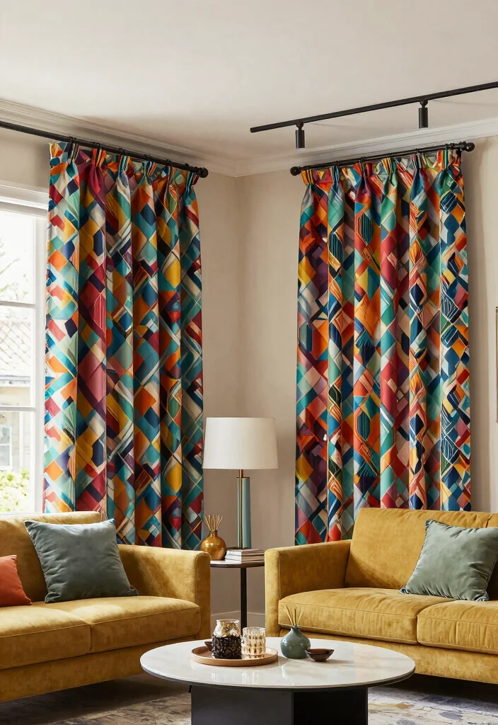 15 Ceiling Track Curtains Ideas for a Sleek Look 2 15 Ceiling Track Curtains Ideas for a Sleek Look - 2. Bold Patterns 1