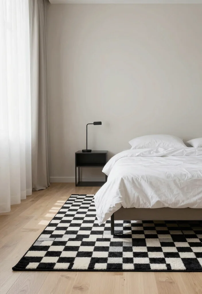 15 Checkered Rug Bedroom Ideas That Feel Trendy & Bold 1 15 Checkered Rug Bedroom Ideas That Feel Trendy & Bold - 1. Modern Minimalism with Checkered Flair 1