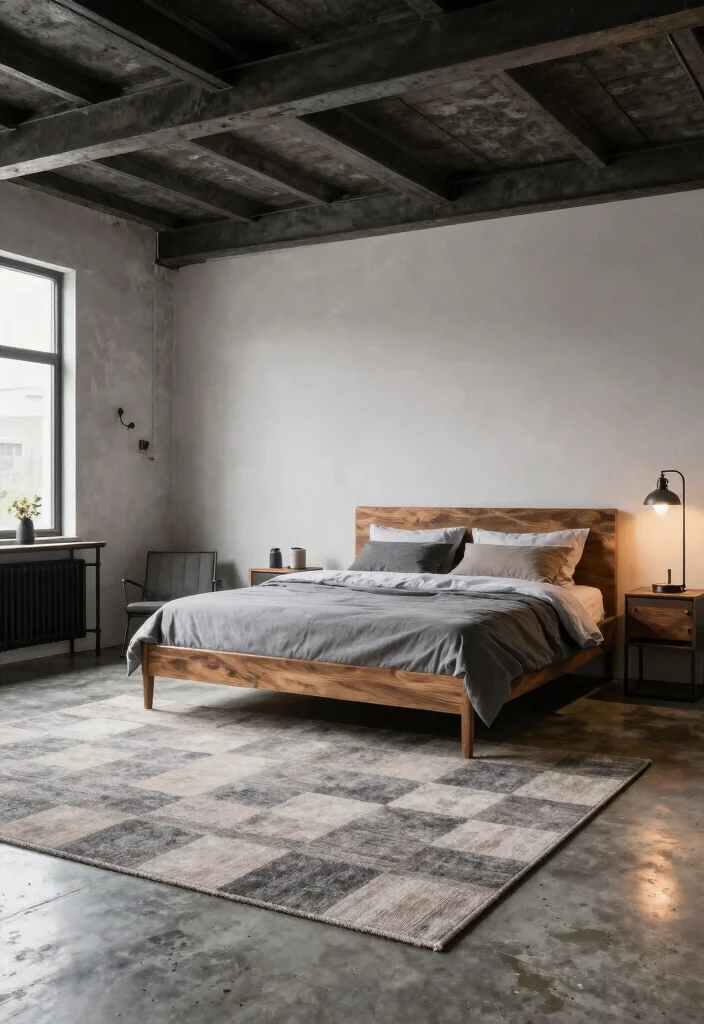 15 Checkered Rug Bedroom Ideas That Feel Trendy & Bold 50 15 Checkered Rug Bedroom Ideas That Feel Trendy & Bold - 10. Industrial Chic with Checkered Rug 1