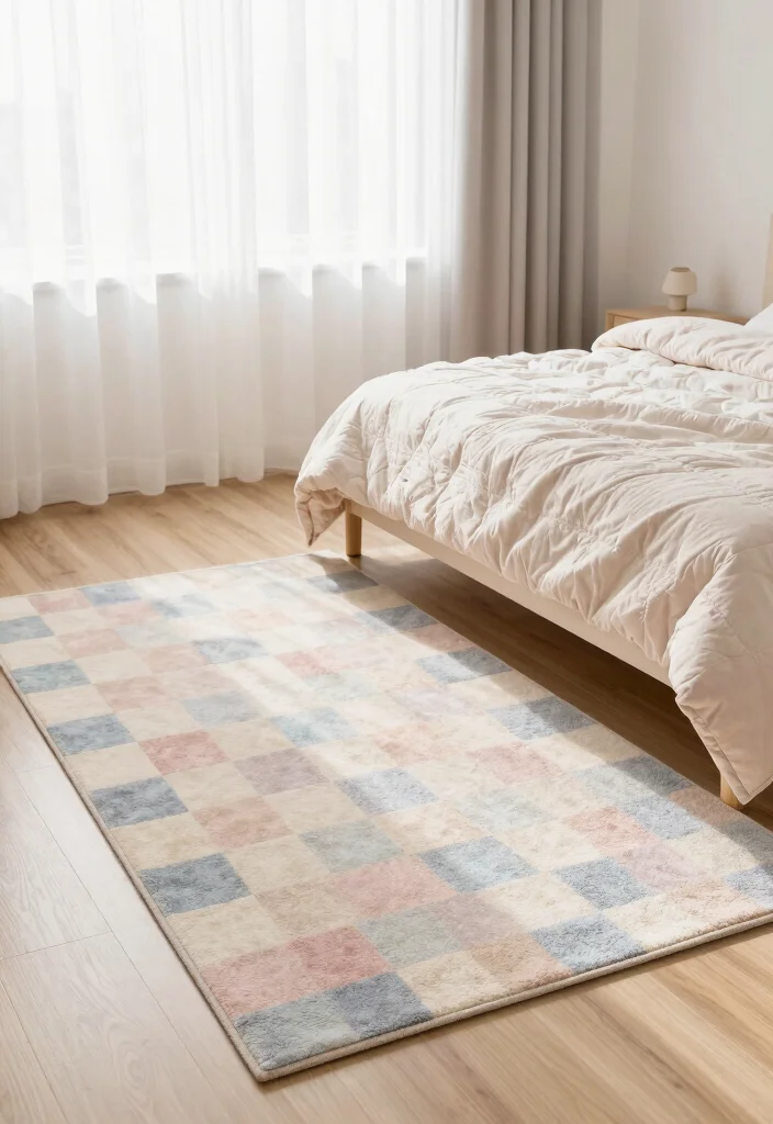 15 Checkered Rug Bedroom Ideas That Feel Trendy & Bold 64 15 Checkered Rug Bedroom Ideas That Feel Trendy & Bold - 14. Soft and Serene with Pastel Shades 1