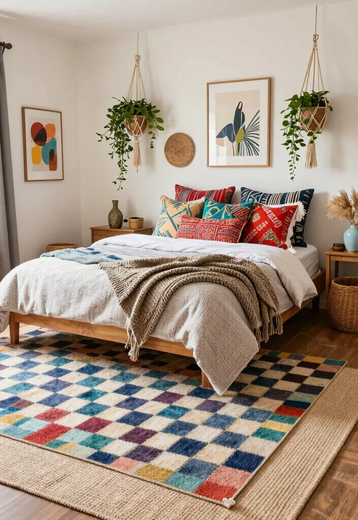 15 Checkered Rug Bedroom Ideas That Feel Trendy & Bold 2 15 Checkered Rug Bedroom Ideas That Feel Trendy & Bold - 2. Bohemian Vibes with Checkered Patterns 1