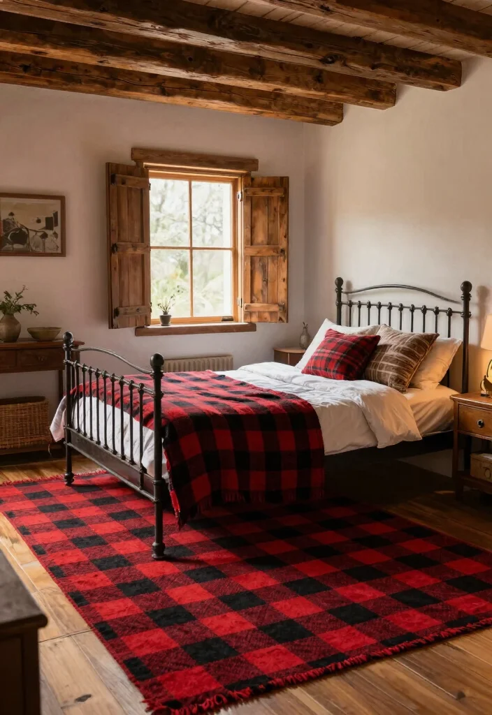 15 Checkered Rug Bedroom Ideas That Feel Trendy & Bold 3 15 Checkered Rug Bedroom Ideas That Feel Trendy & Bold - 3. Rustic Charm Meets Checkered Style 1