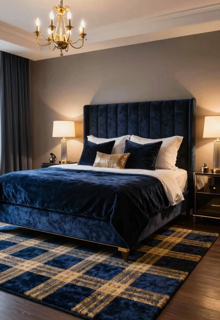 15 Checkered Rug Bedroom Ideas That Feel Trendy & Bold 4 15 Checkered Rug Bedroom Ideas That Feel Trendy & Bold - 4. Luxurious Touch with Velvet Accents 1