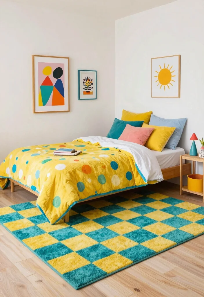 15 Checkered Rug Bedroom Ideas That Feel Trendy & Bold 5 15 Checkered Rug Bedroom Ideas That Feel Trendy & Bold - 5. Youthful Energy with Bright Colors 1