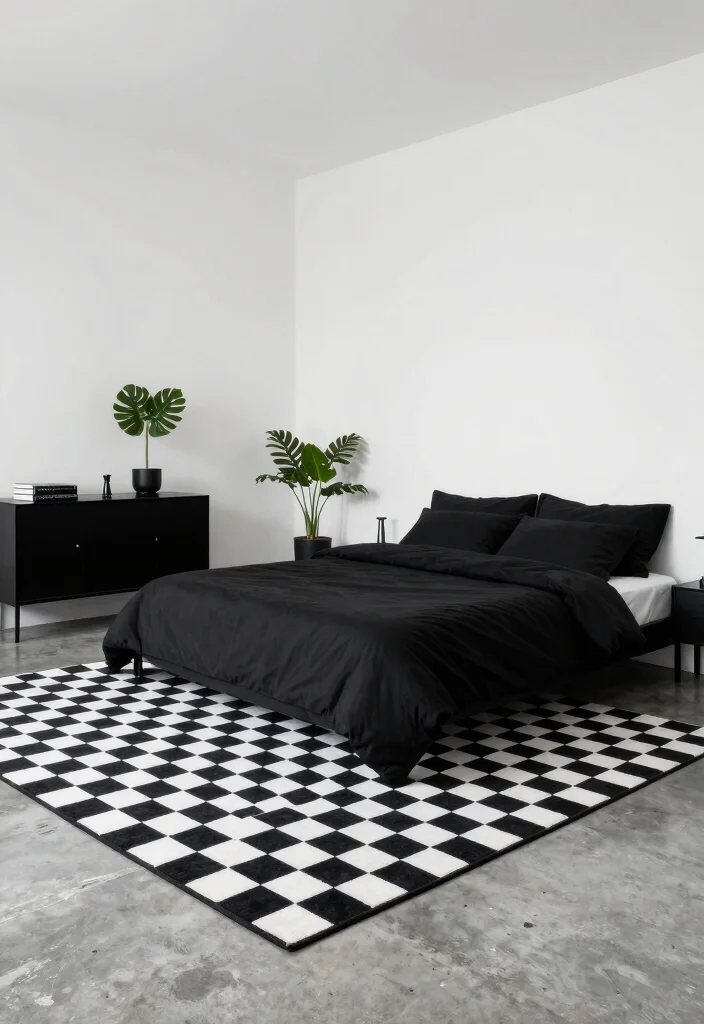 15 Checkered Rug Bedroom Ideas That Feel Trendy & Bold 16 15 Checkered Rug Bedroom Ideas That Feel Trendy & Bold - 6. Monochrome Magic 1