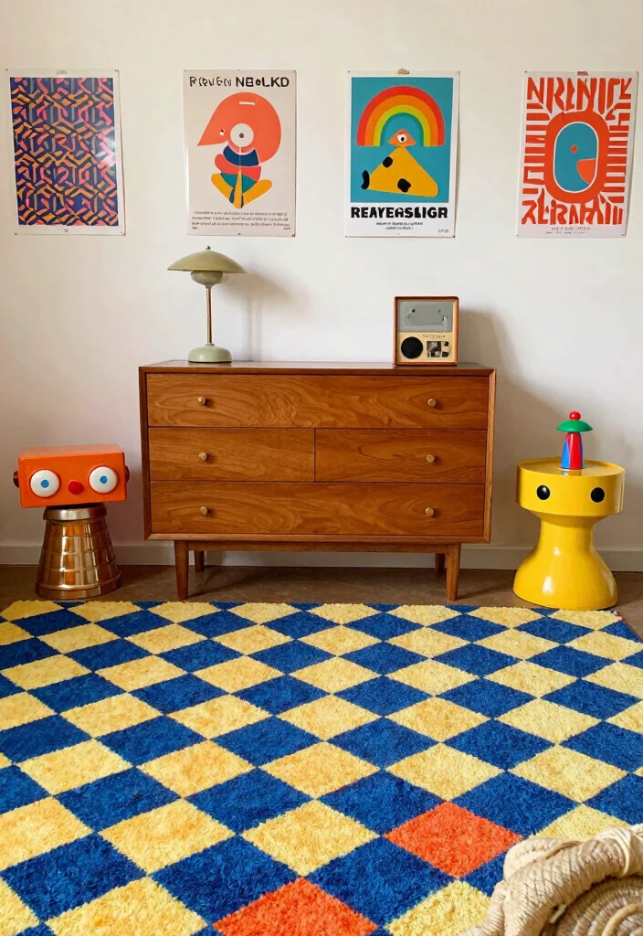 15 Checkered Rug Bedroom Ideas That Feel Trendy & Bold 27 15 Checkered Rug Bedroom Ideas That Feel Trendy & Bold - 7. Retro Revival with Vintage Vibes 1