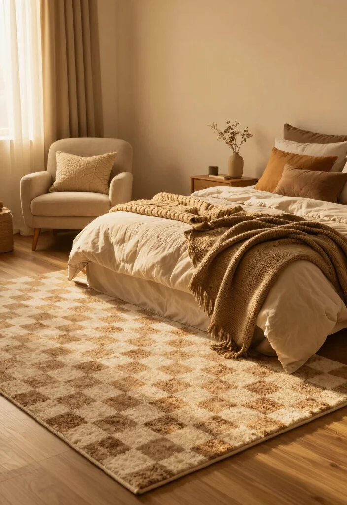 15 Checkered Rug Bedroom Ideas That Feel Trendy & Bold 38 15 Checkered Rug Bedroom Ideas That Feel Trendy & Bold - 8. Layering Textures for Cozy Appeal 1