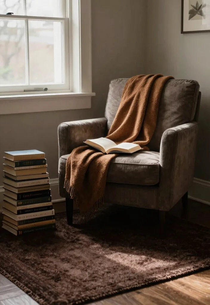 15 Dark Brown Rug Living Room Ideas With Rich Warmth - 10. Cozy Reading Nook 1