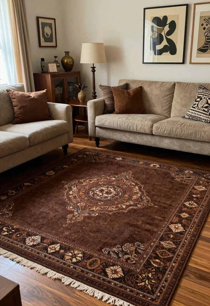 15 Dark Brown Rug Living Room Ideas With Rich Warmth - 12. Unique Decorative Accents 1