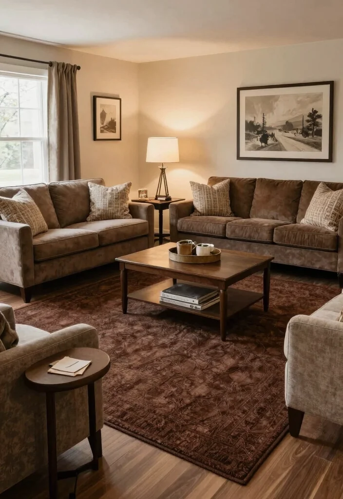 15 Dark Brown Rug Living Room Ideas With Rich Warmth - 13. Inviting Seating Arrangement 1