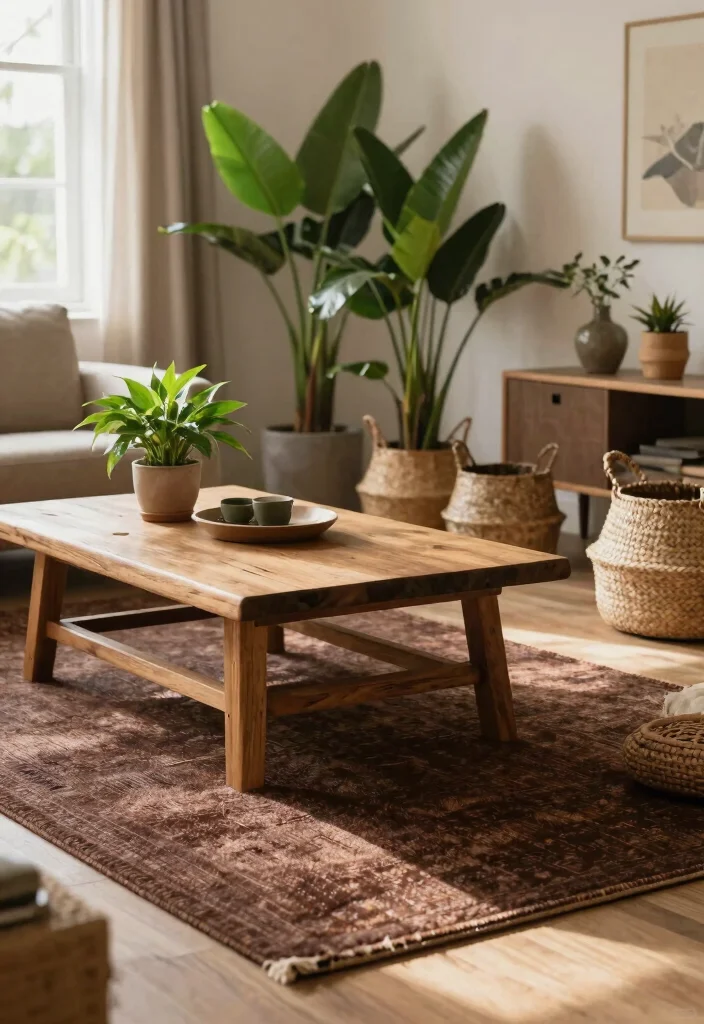 15 Dark Brown Rug Living Room Ideas With Rich Warmth - 3. Natural Elements 1