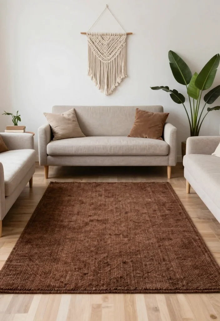 15 Dark Brown Rug Living Room Ideas With Rich Warmth - 4. Minimalist Bohemian Vibes 1