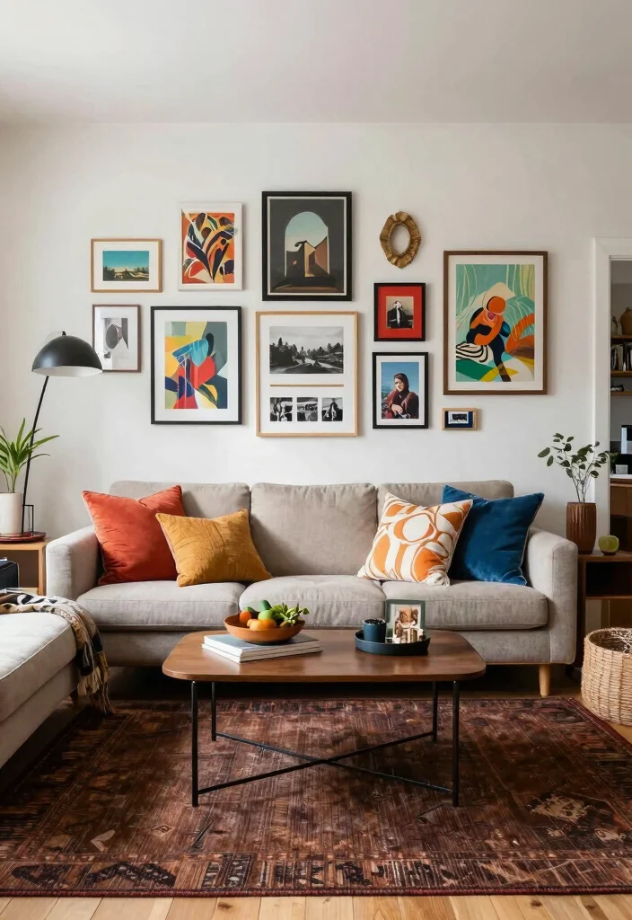 15 Dark Brown Rug Living Room Ideas With Rich Warmth - 5. Eclectic Gallery Wall 1