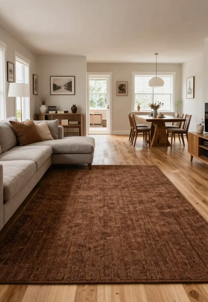 15 Dark Brown Rug Living Room Ideas With Rich Warmth - 7. Open Layout Cohesion 1
