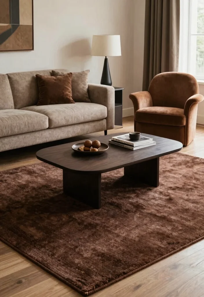 15 Dark Brown Rug Living Room Ideas With Rich Warmth - 8. Statement Furniture Pieces 1