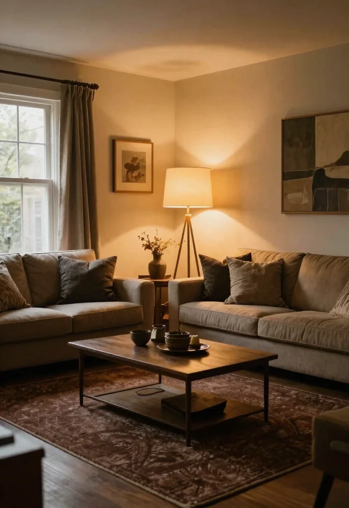 15 Dark Brown Rug Living Room Ideas With Rich Warmth - 9. Layered Lighting 1