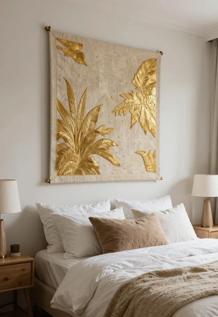 15 Gold Wall Decor Ideas That Add Instant Glam - 12. Gold Textile Art 1