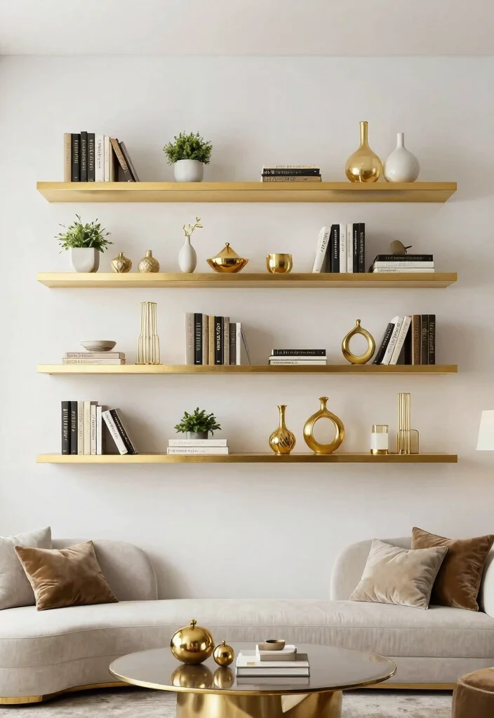 15 Gold Wall Decor Ideas That Add Instant Glam - 3. Decorative Gold Shelves 1