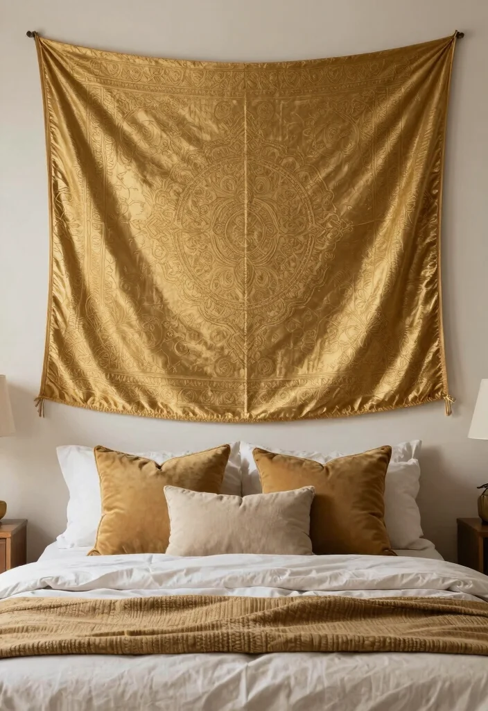 15 Gold Wall Decor Ideas That Add Instant Glam - 7. Chic Gold Tapestry 1