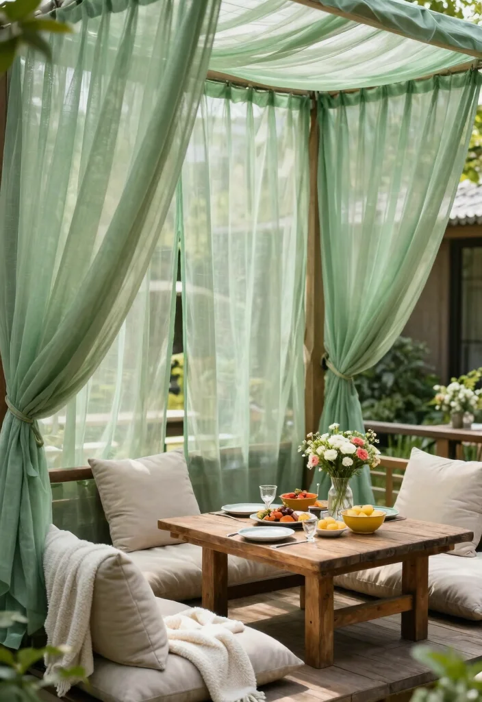 15 Green Sheer Curtains Ideas for Soft Natural Light - 10. Outdoor Spaces 1
