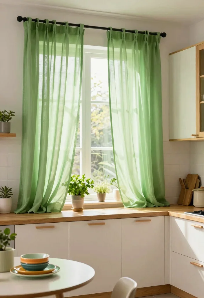 15 Green Sheer Curtains Ideas for Soft Natural Light - 11. Kitchen Refresh 1