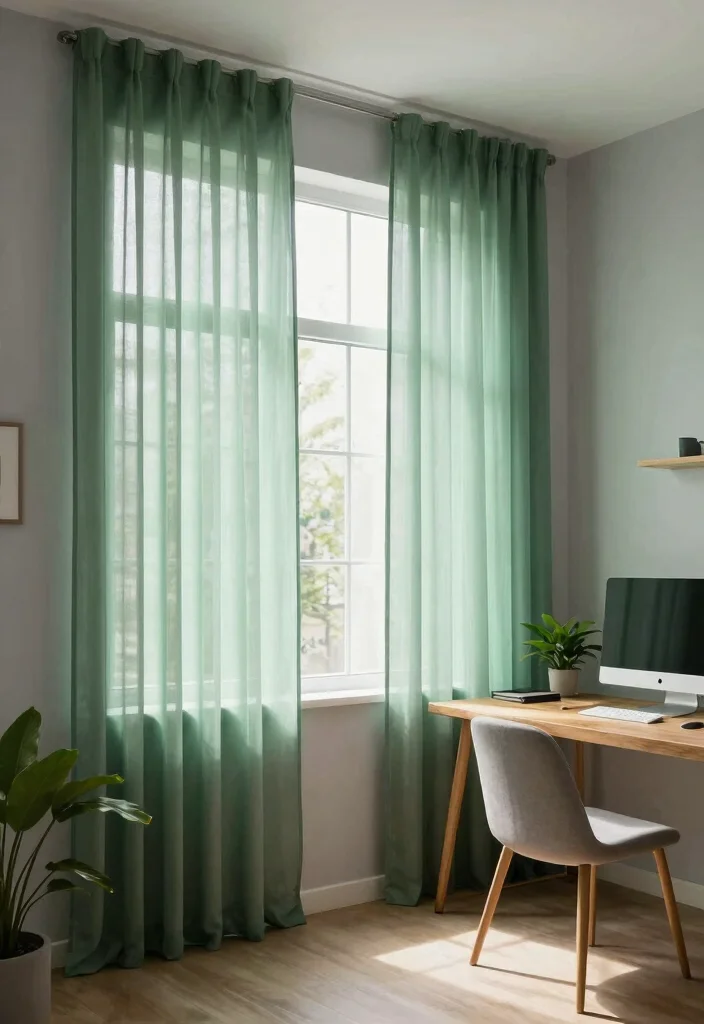 15 Green Sheer Curtains Ideas for Soft Natural Light - 12. Office Space Serenity 1