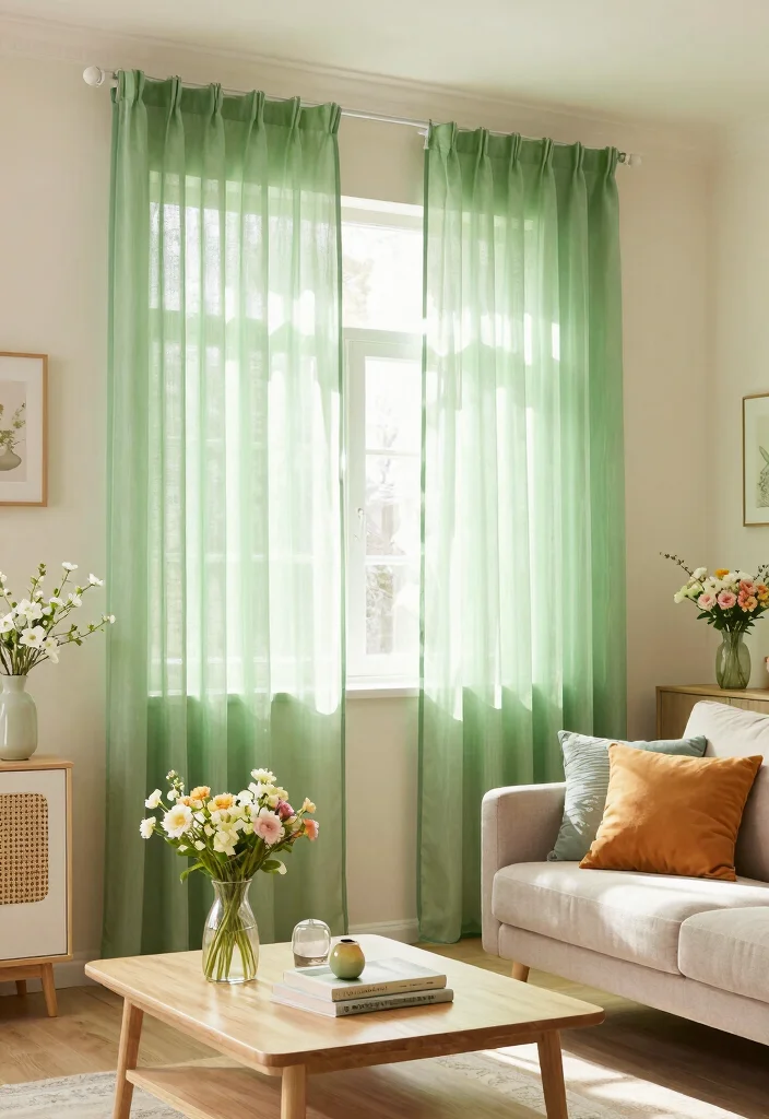 15 Green Sheer Curtains Ideas for Soft Natural Light - 14. Seasonal Decor 1
