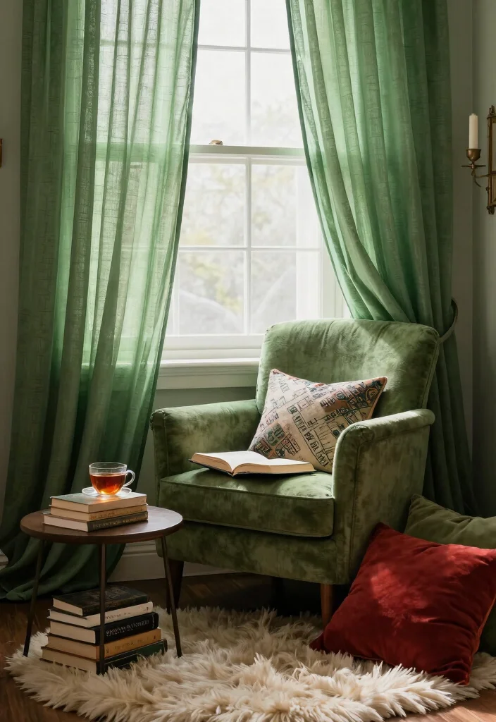 15 Green Sheer Curtains Ideas for Soft Natural Light - 15. Cozy Reading Nook 1