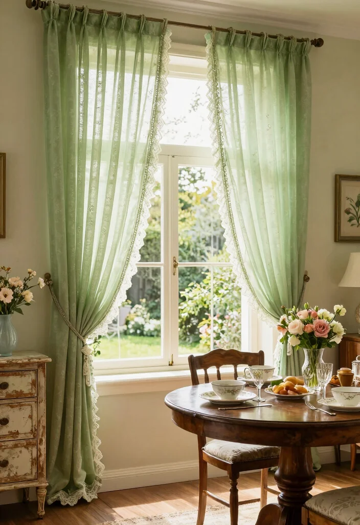 15 Green Sheer Curtains Ideas for Soft Natural Light - 6. A Touch of Vintage 1
