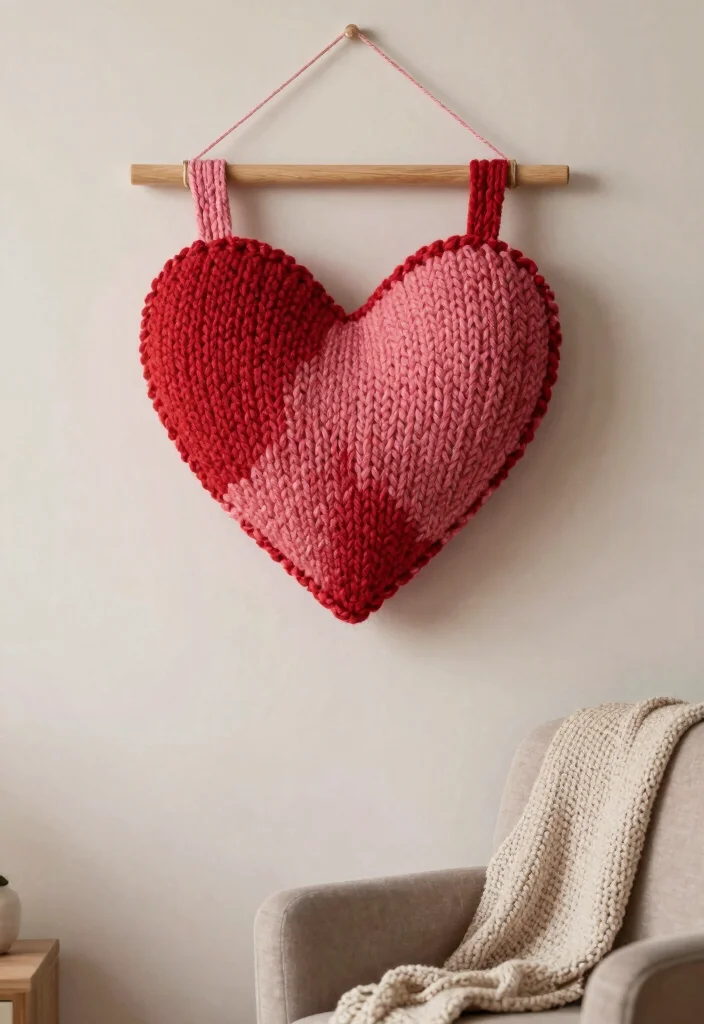 15 Heart Shape Wall Decor Ideas That Feel Sweet & Romantic - 12. Knitted Heart Wall Hanging 1