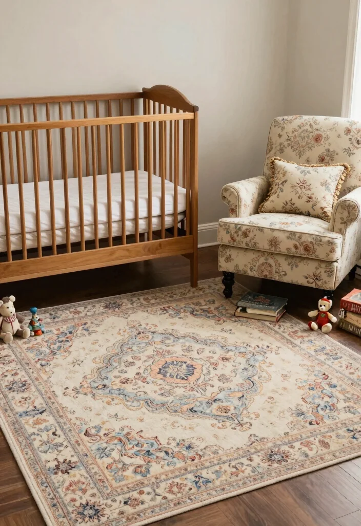 15 Nursery Area Rug Ideas That Feel Soft & Sweet 27 15 Nursery Area Rug Ideas That Feel Soft & Sweet - 7. Vintage-Inspired Charm 1