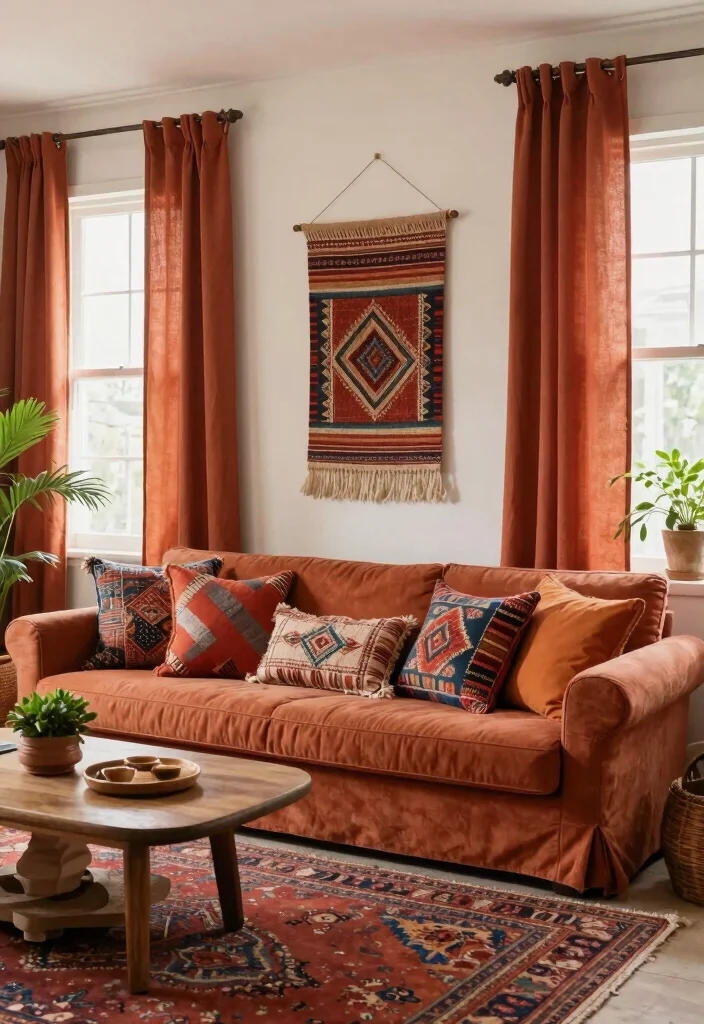 15 Terracotta Curtains Living Room Ideas With Warm Tones 2 15 Terracotta Curtains Living Room Ideas With Warm Tones - 2. Bohemian Charm with Layered Textiles 1