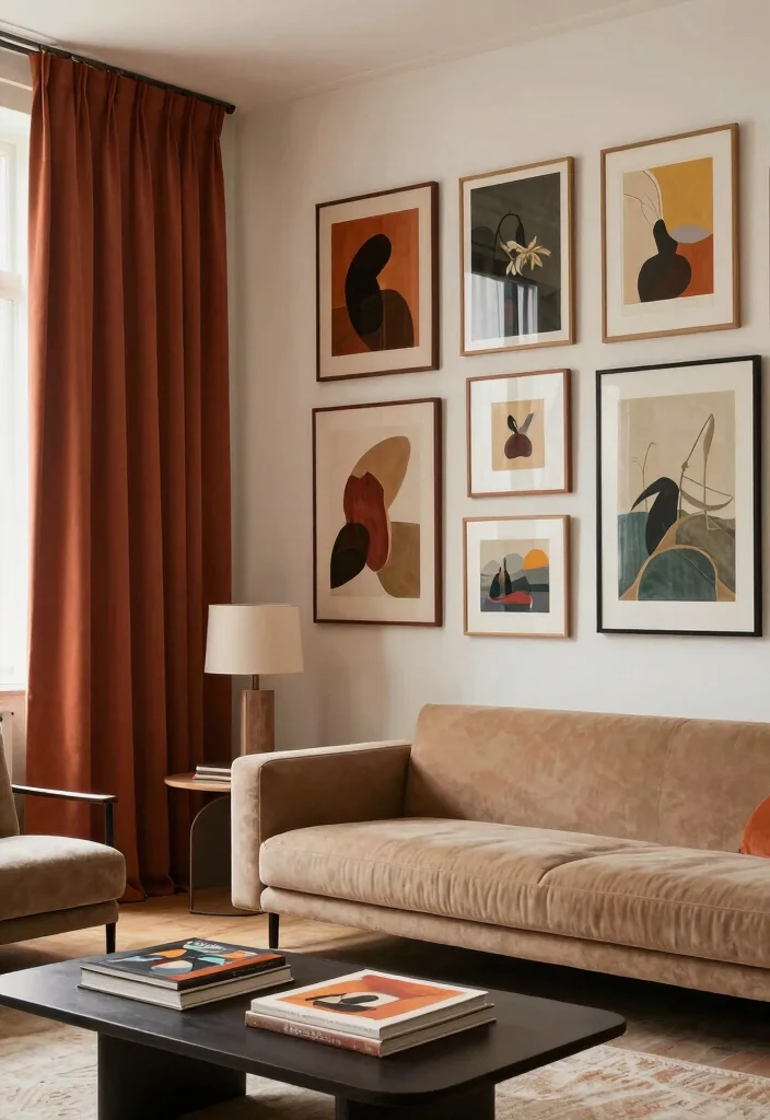 15 Terracotta Curtains Living Room Ideas With Warm Tones 4 15 Terracotta Curtains Living Room Ideas With Warm Tones - 4. Eclectic Art Gallery 1