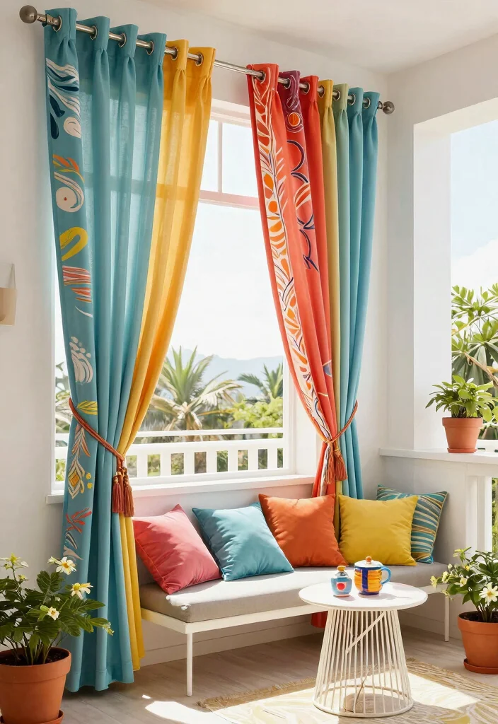 16 Balcony Door Curtains Ideas That Flow Beautifully - 14. Colorful Tie-Back Curtains 1
