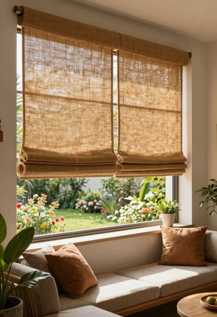 16 Balcony Door Curtains Ideas That Flow Beautifully - 15. Natural Fiber Roller Shades 1
