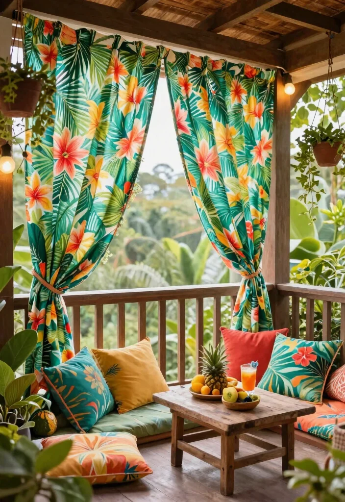 16 Balcony Door Curtains Ideas That Flow Beautifully - 2. Vibrant Tropical Prints 1