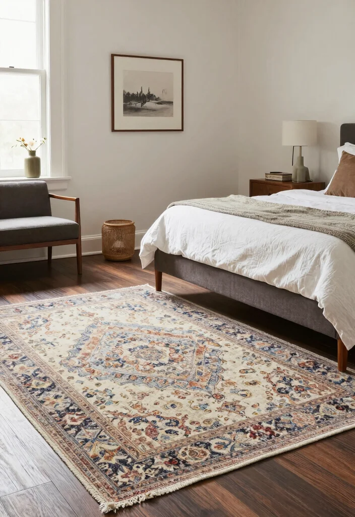 16 Bedroom Rug on Carpet Ideas That Layer Like a Pro - 9. Vintage Charm with Modern Touch 1