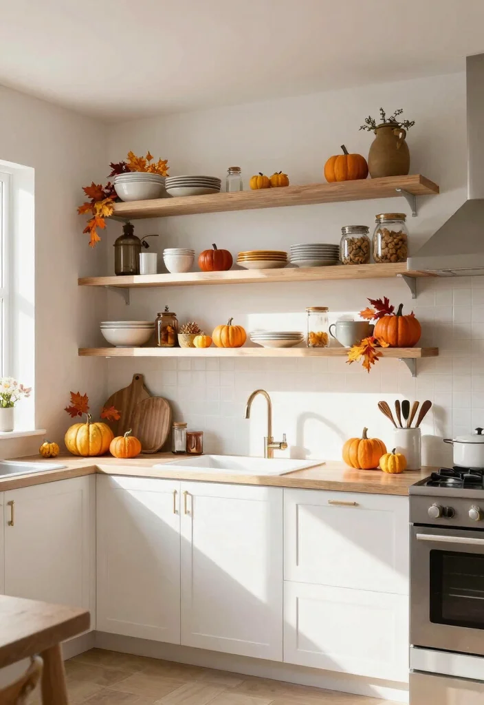 16 Open Shelf Kitchen Ideas That Feel Airy & Organized - 16. Seasonal Decor on Open Shelves 1